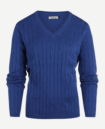 Steppin' Out kabeltrui dames v-hals kobaltblauw | Slim-fit