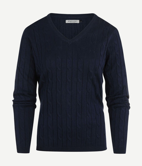Steppin' Out kabeltrui dames v-hals donkerblauw