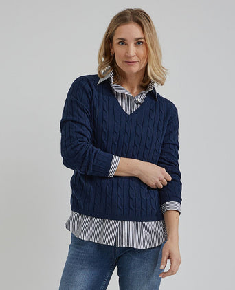 Steppin' Out kabeltrui dames v-hals donkerblauw