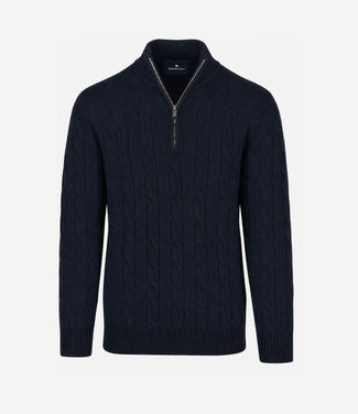 Lau pull merino halve rits cable donkerblauw Lau pull merino halve rits cable donkerblauw