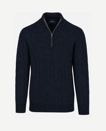 Lau pull merino halve rits cable donkerblauw