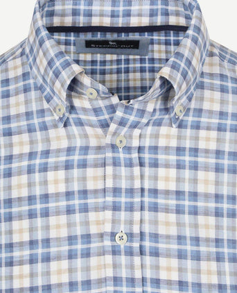 Overhemd linen cotton checks blauw sand