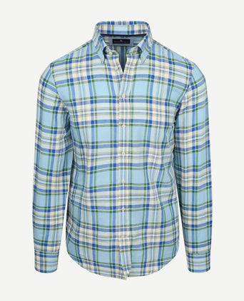 Overhemd linen cotton checks blauw groen
