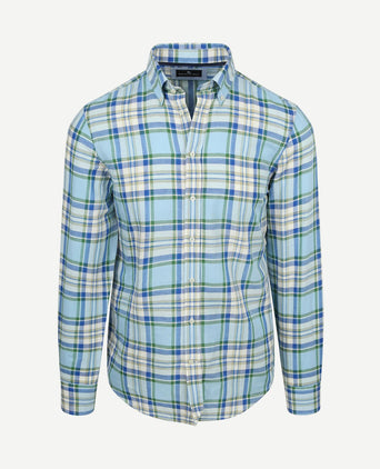 Overhemd linen cotton checks blauw groen