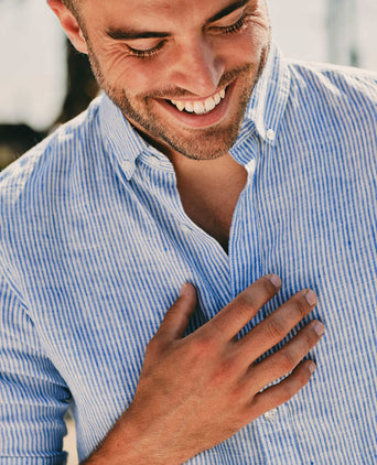 Steppin' Out overhemd linnen streep lichtblauw | Regular-fit