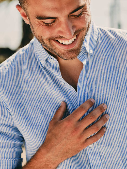 Steppin' Out overhemd linnen streep lichtblauw | Regular-fit