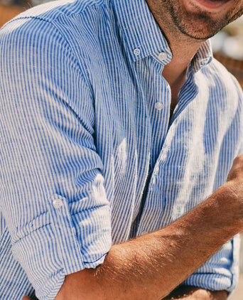 Steppin' Out overhemd linnen streep lichtblauw | Regular-fit