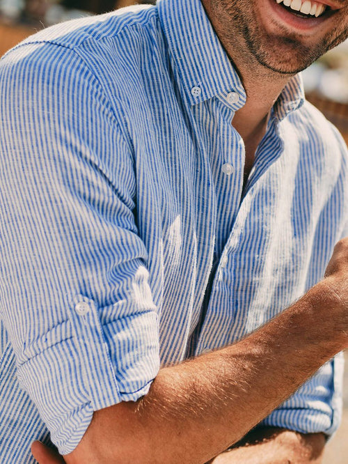 Steppin' Out overhemd linnen streep lichtblauw | Regular-fit