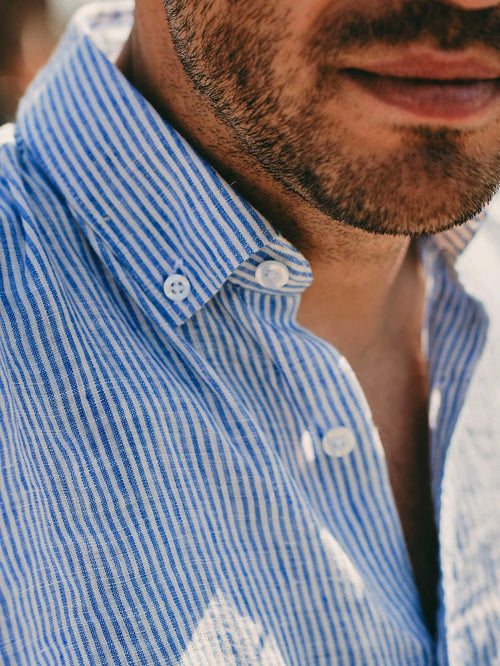 Steppin' Out overhemd linnen streep lichtblauw | Regular-fit