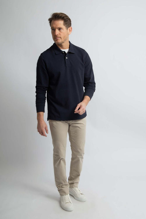 Longsleeve polo piqué classic donkerblauw