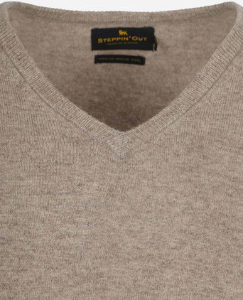 Pullover v-hals merinowol lichtbruin