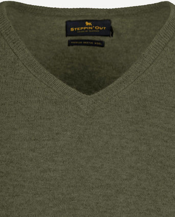 Pullover v-hals merinowol olijfgroen