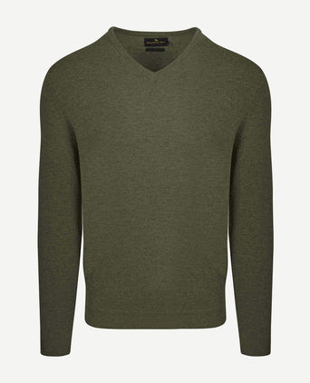 Pullover v-hals merinowol olijfgroen