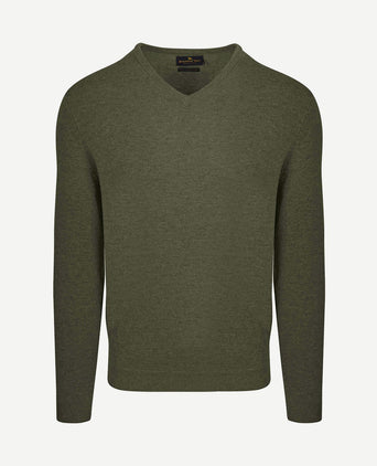 Pullover v-hals merinowol olijfgroen