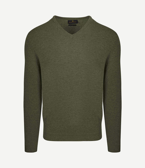 Pullover v-hals merinowol olijfgroen