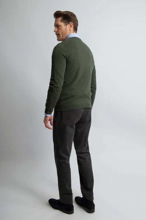 Pullover v-hals merinowol olijfgroen