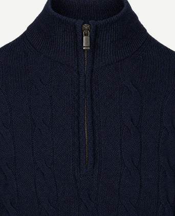 Lau pull merino halve rits cable donkerblauw