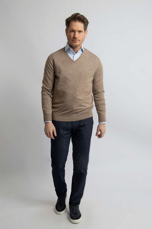 Trui v-hals merinowol taupe