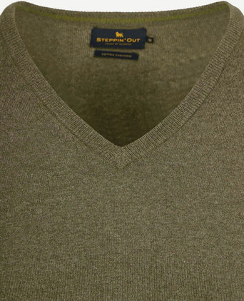 Trui cotton cashmere v-hals olijfgroen
