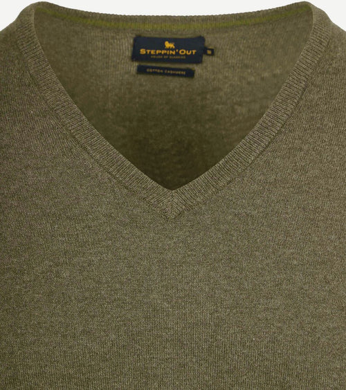 Trui cotton cashmere v-hals olijfgroen