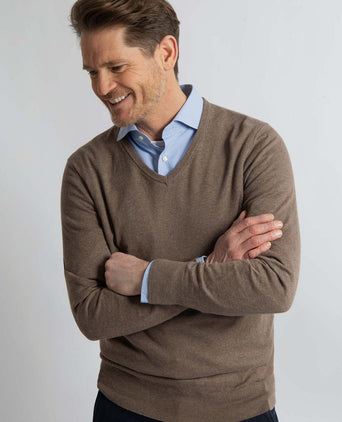 Steppin' Out trui cotton cashmere v-hals taupe melange | Regular-fit