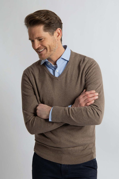 Steppin' Out trui cotton cashmere v-hals taupe melange | Regular-fit