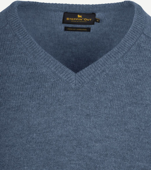 Steppin' Out trui v-hals lamswol mid blauw | Regular-fit