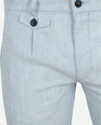 Chino Pico pleat cotton linen glencheck lichtblauw