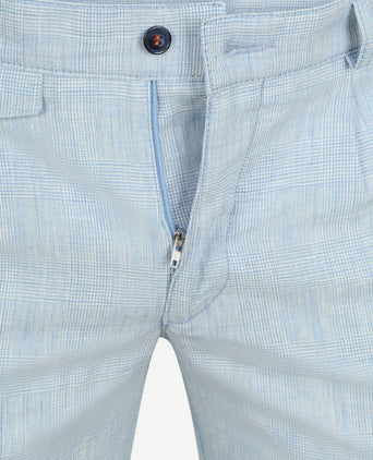 Chino Pico pleat cotton linen glencheck lichtblauw