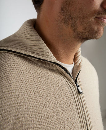 Suitable deep zip pullover boiled wool ecru