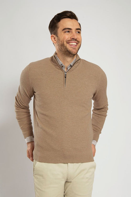 Suitable halve rits trui structuur beige | Regular-fit