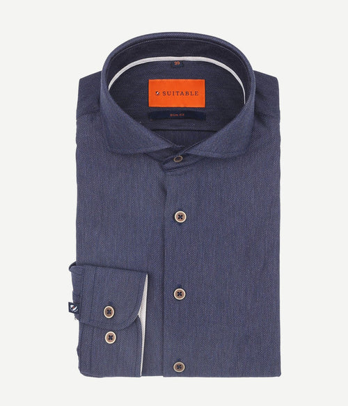 Suitable herringbone overhemd donkerblauw