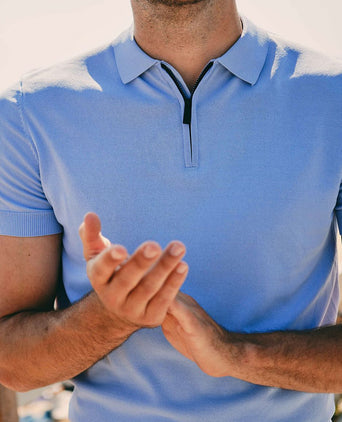 Suitable knitted halve rits polo lichtblauw | Slim-fit