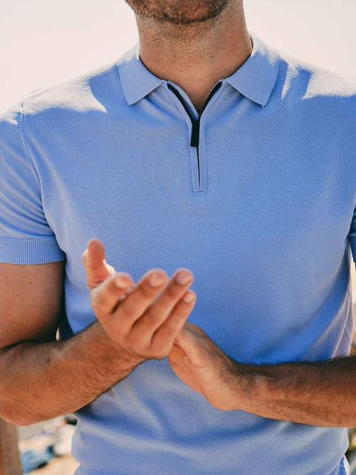 Suitable knitted halve rits polo lichtblauw | Slim-fit