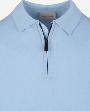 Suitable knitted halve rits polo lichtblauw | Slim-fit