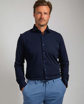 Suitable knitted pique overhemd donkerblauw | Slim-fit