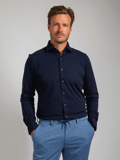 Suitable knitted pique overhemd donkerblauw | Slim-fit