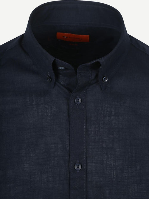 Suitable korte mouwen overhemd cotton slub donkerblauw | Slim-fit