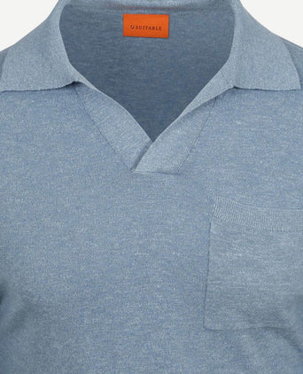 Longsleeve knitted poloshirt riva pocket lichtblauw
