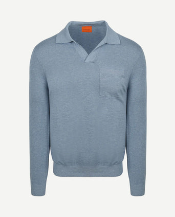 Longsleeve knitted poloshirt riva pocket lichtblauw