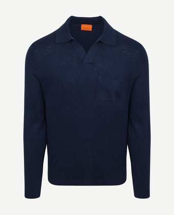 Longsleeve knitted poloshirt riva pocket donkerblauw
