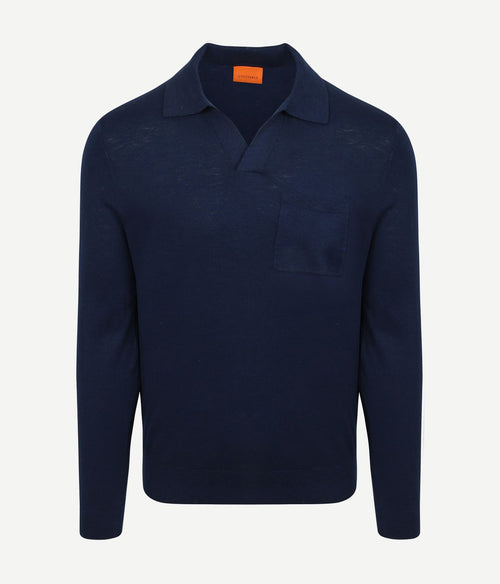 Longsleeve knitted poloshirt riva pocket donkerblauw