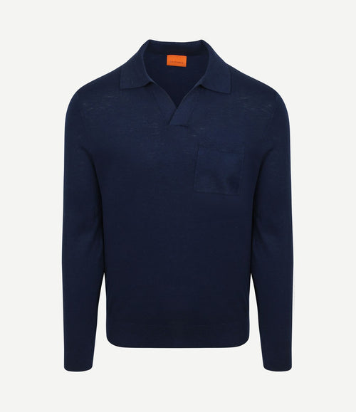 Longsleeve knitted poloshirt riva pocket donkerblauw