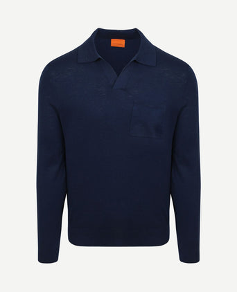 Longsleeve knitted poloshirt riva pocket donkerblauw