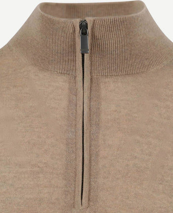 Suitable merino halve rits trui beige | Slim-fit