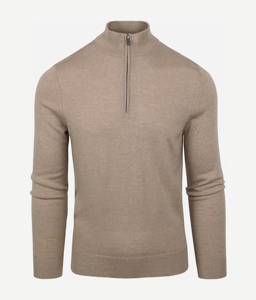 Suitable merino halve rits trui beige | Slim-fit