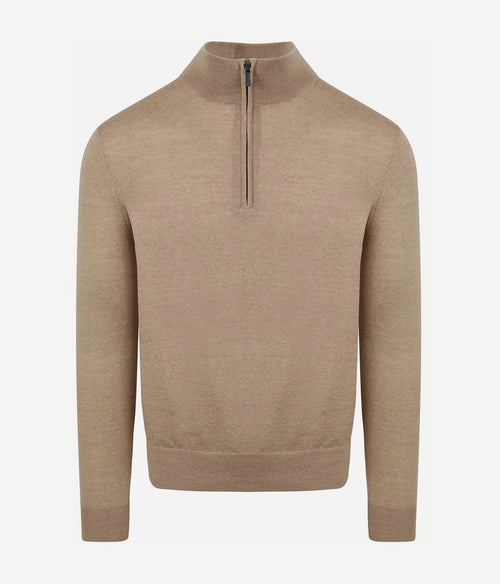 Suitable merino halve rits trui beige | Slim-fit