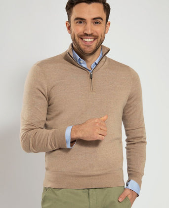 Suitable merino halve rits trui beige | Slim-fit