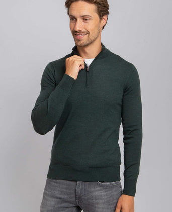 Suitable merino halve rits trui donkergroen | Slim-fit