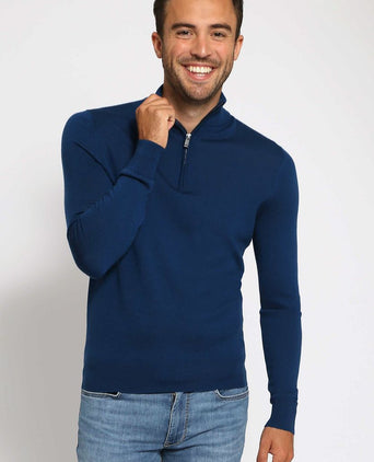 Suitable merino halve rits trui indigo blauw | Slim-fit